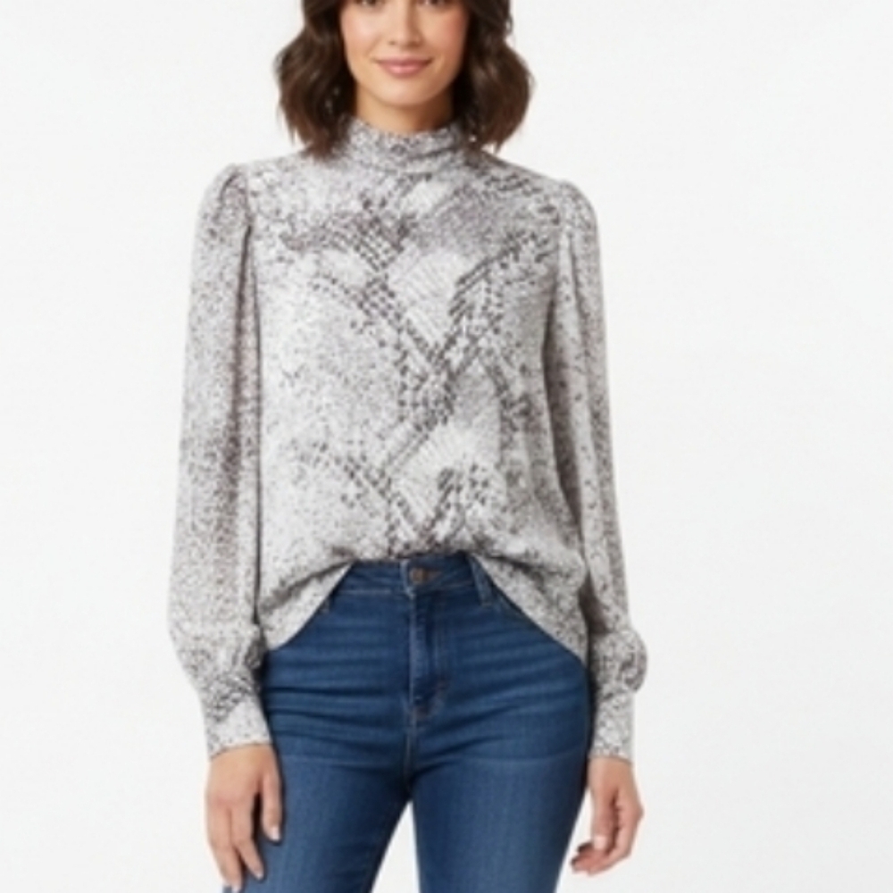 Worthington Size L Snake Print Back Bow Tie Blouse Long Sleeve Top